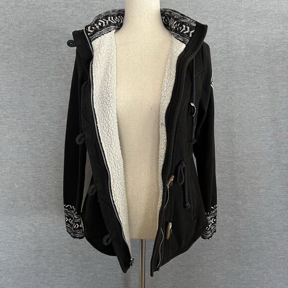 Hollister Hooded Zip Up Faux Fur Coat Size M Toggle Fair Isle Shearling Black - Picture 5 of 13